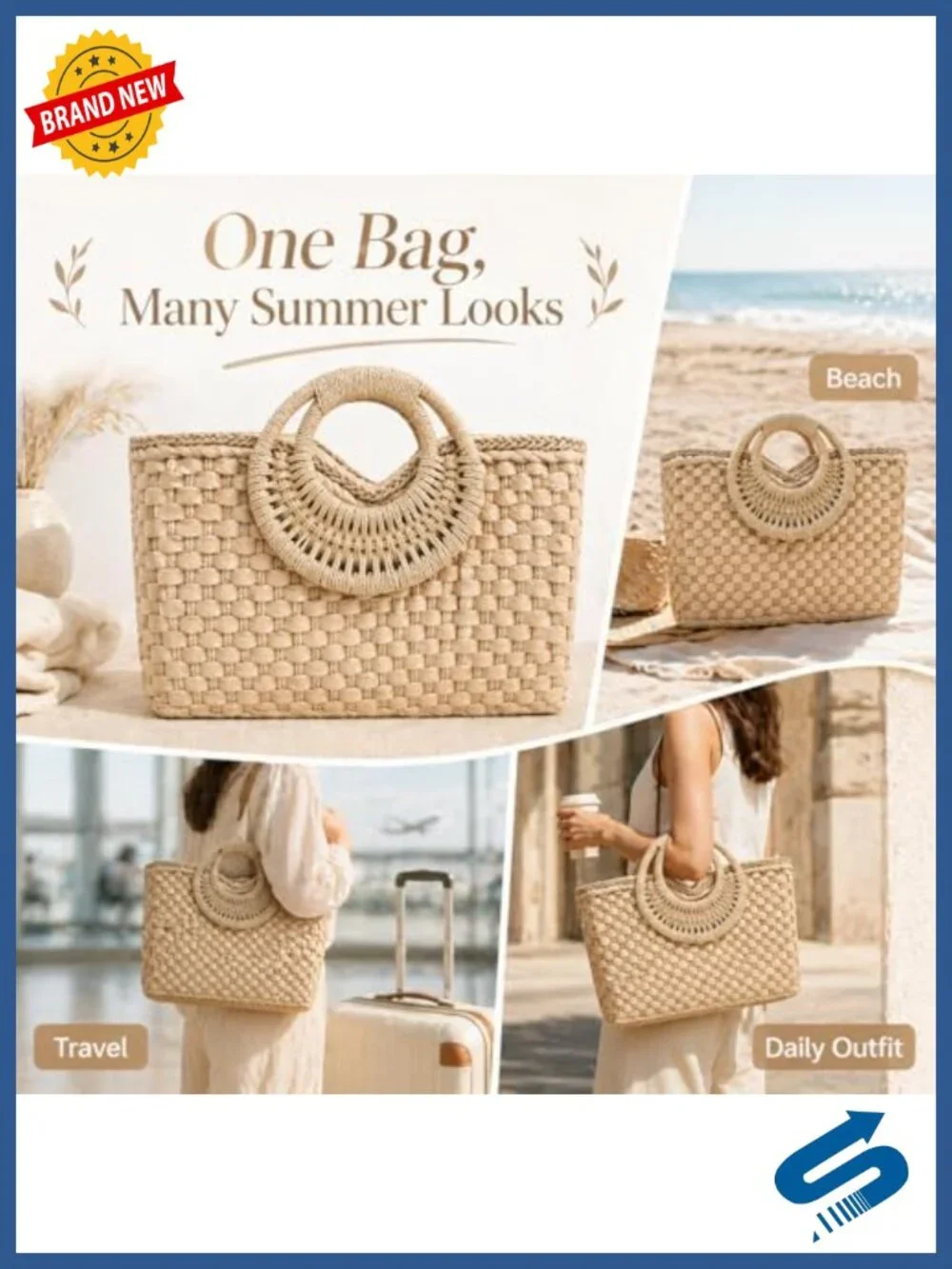 Hand-woven Straw Bag Summer Beach Tote Retro Rattan Clutch with Wood Handle